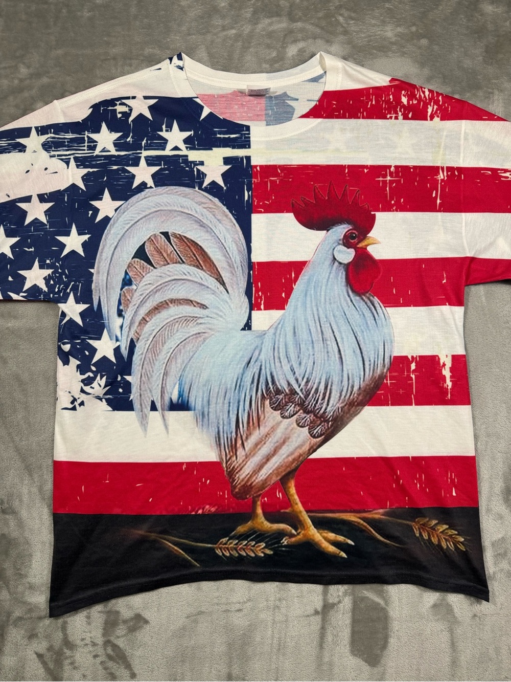 Y2K Vintage Jerzees Rooster Flag USA All Over Print aop T Shirt Sz Large